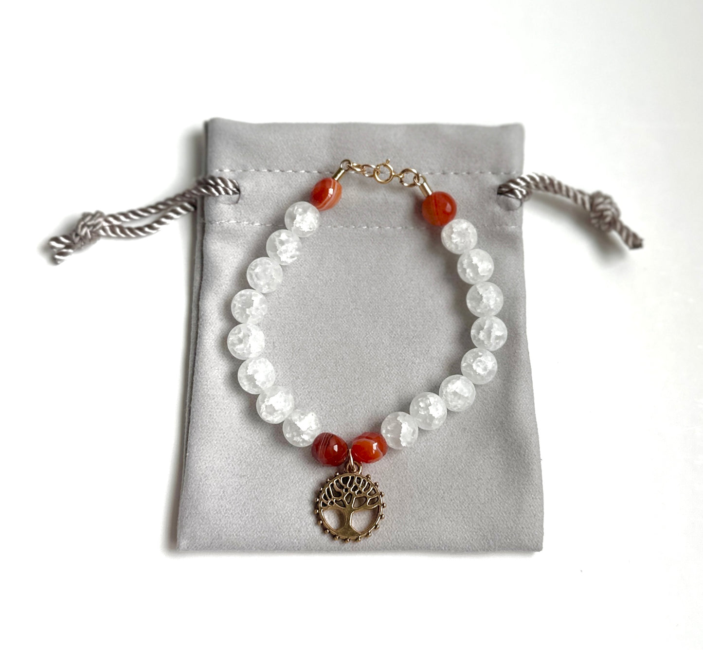 White Snow Quartz & Red Agate Tree Of Life Bracelet