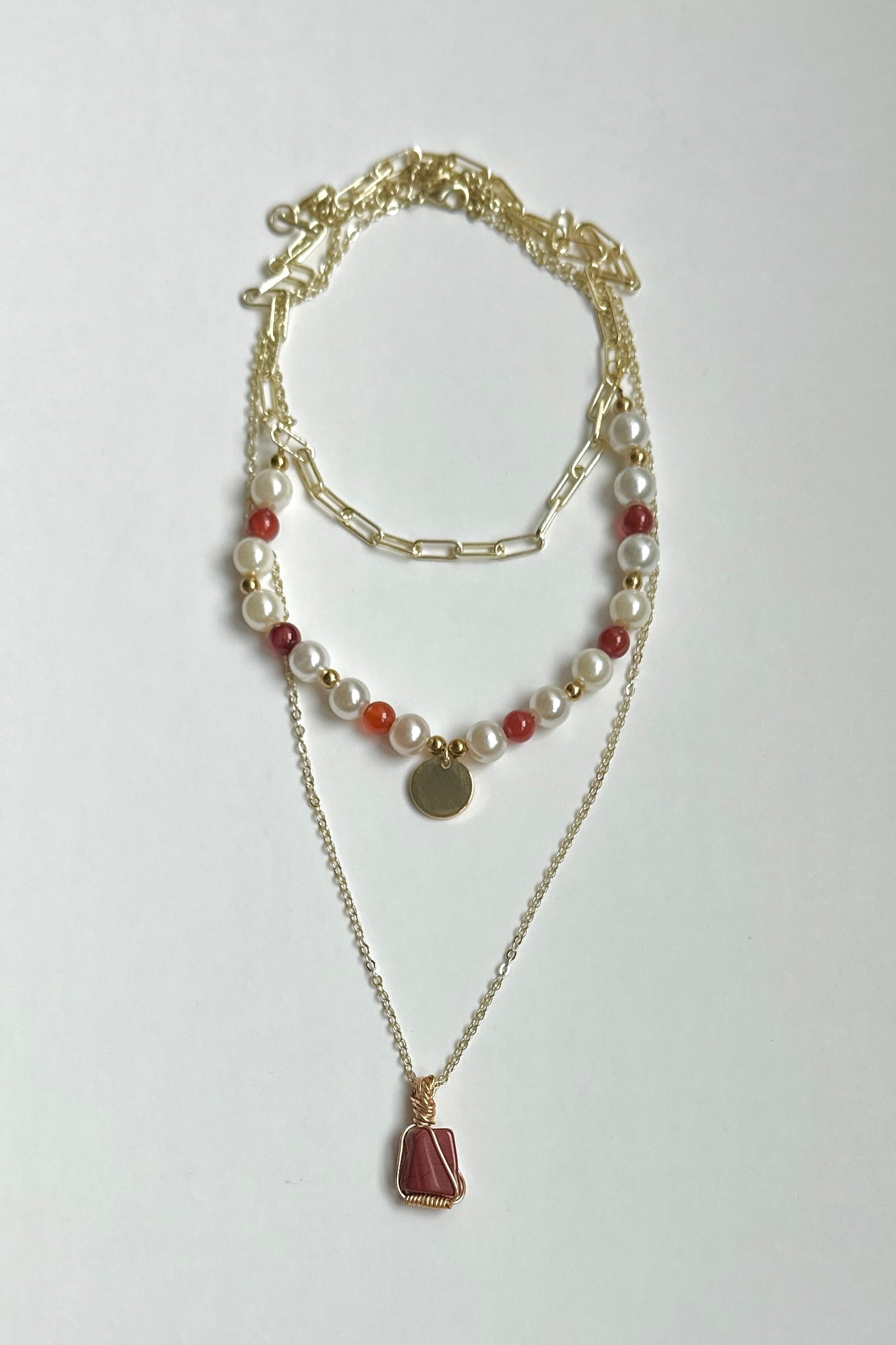 Red Jasper, Carnelian & Faux Pearl 3 Piece Necklace Set